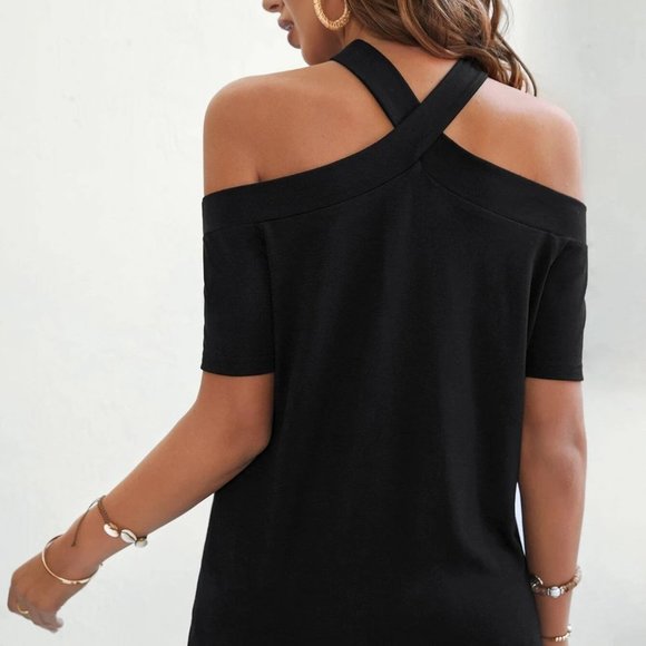 Black casual Womens Criss Cross Cold Shoulder Tee - Picture 2 of 5